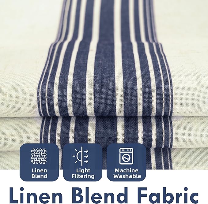 DriftAway Farmhouse Vertical Striped Linen Blend Textured Light Filtering Semi Sheer Curtains for Living Room Bedroom 54 Inches Long Drapes 2 Panels Broad Striped Dark Navy