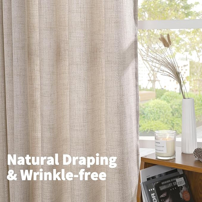 YoungsTex Extre Long Linen Curtains 102 Inch Long for Living Room Linen Textured with Bronze Grommet Burlap Drapes Light Filtering, Natural, 2 Panel, 52 X 102 Inch
