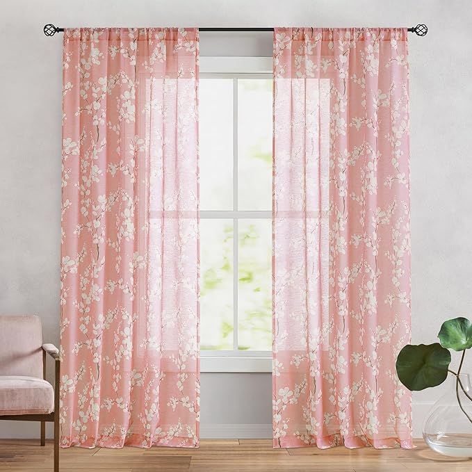 FMFUNCTEX Linen Sheer Curtains for Bedroom, Blush Pink Blossom Patterned 96 Inches Long for Kids Room Girl's Room, Floral Patterned Drapes Light Filtering for Living Room, Rod Pocket 2 Panels