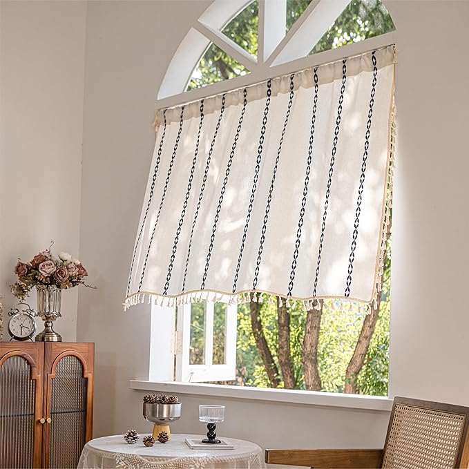 Sutuo Home Boho Valance Curtain 36 inches Tier for Cafe Closet, Short Farmhouse Vintage Tassels Window Treatment Bohemian Embroidery Drape, Rod Pocket 1 Panel 52" W x 36" L, White and Navy Blue