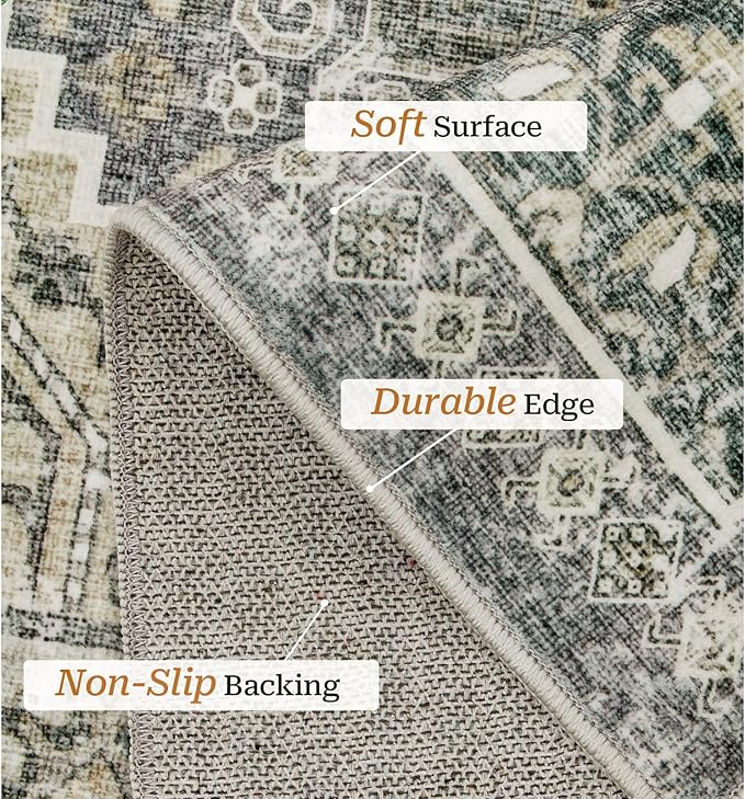 zesthome 6x9 Area Rug, Super Soft Washable Rugs for Living Room, Non-Slip Stain Resistant Vintage Rugs, Ultra-Thin Large Area Rugs (Wheat/Charcoal,6'x9')