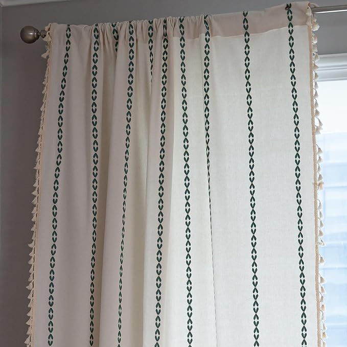 Sutuo Home Boho Curtains for Living Room Bedroom, Semi Blackout Farmhouse Vintage Tassels Window Treatment Bohemian Embroidery Drape, Rod Pocket 1 Panel 52" W x 96" L, White and Emerald Green