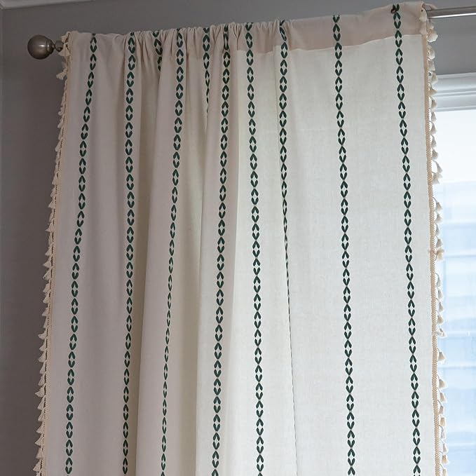 Sutuo Home Boho Curtains for Bedroom Living Room 72 inches Long, Semi Blackout Farmhouse Tassels Window Treatment Bohemian Embroidery Drape, Rod Pocket 1 Panel 52" W x 72" L, White and Emerald Green