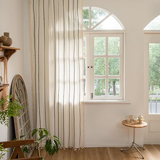 Sutuo Home Boho Farmhouse Curtains 72 Inches Long for Living Room Bedroom Bohemian House Drapes Country Style, Textured Stripe Embroidery Privacy, White and Hunter Green 1 Panel W52 x L72
