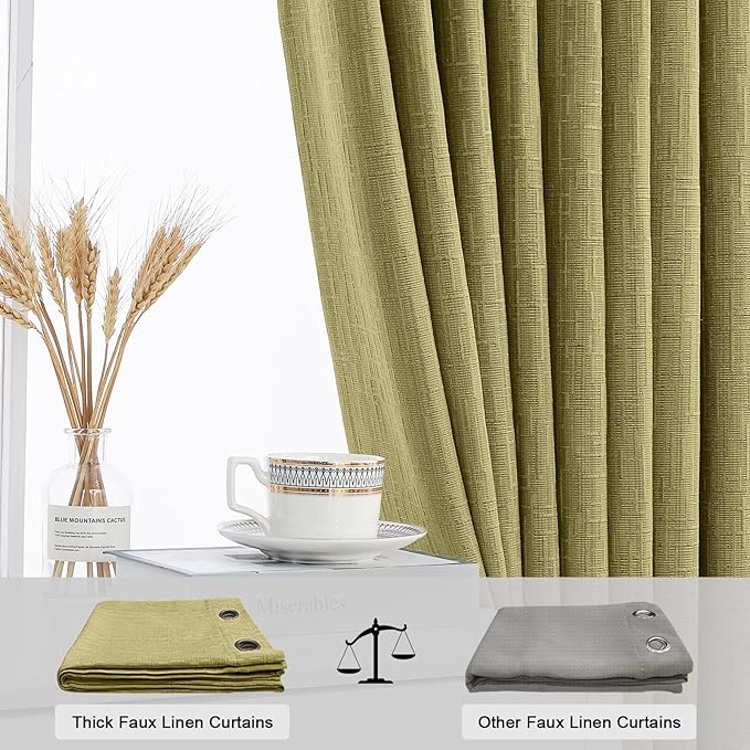 Jacquard Linen Curtains 63 inch Length 2 Panels Thick Faux Linen Blended Window Drapes Burlap Textured Curtains with Grommet for Living Room Bedroom Farmhouse (42x63 Olive Green) Natural
