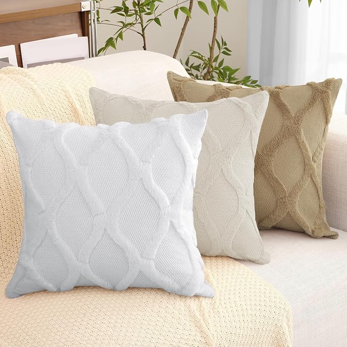 decorUhome Spring Euro Sham Throw Pillow Covers 22x22 Inch Set of 2, Soft Plush Faux Fur Wool Khaki Couch Pillow Covers, Decorative Neutral Pillow Cases for Bed Sofa Living Room Home Decor