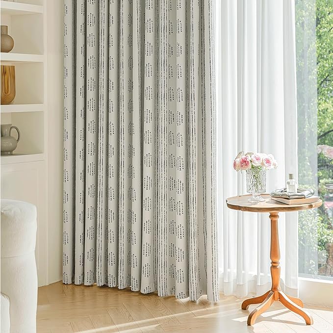 100% Boho Blackout Curtains 84 Inches Long for Bedroom, Black on Beige Patterned Bohemian Curtains for Living Room, Geometric Striped Thermal Insulated Window Drapes Gromment Top 2 Panels