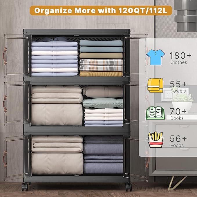 Extra Large Stackable Storage Bins with Lids&Wheels,375QT-125QT/32GAL*3Pack Collapsible Container Closet Organizers,Plastic Stackable Storage drawers for bedroom Dorm
