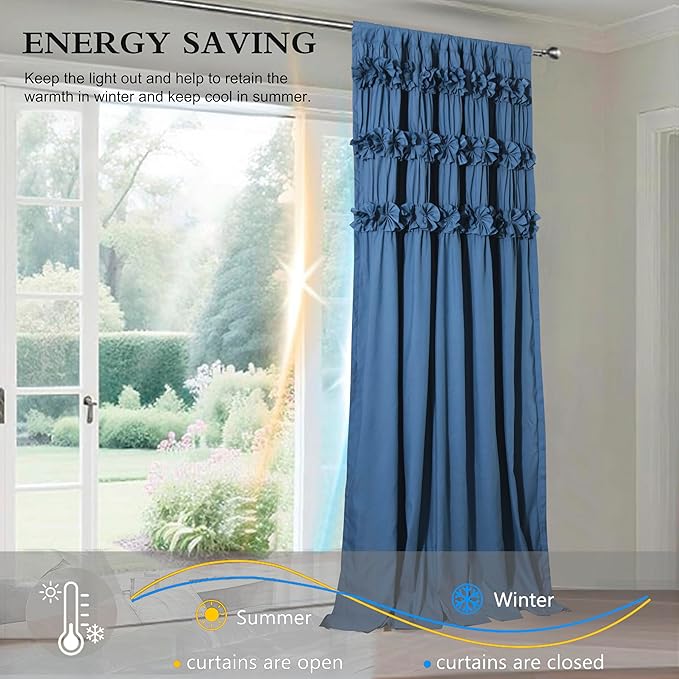 Luxurious Dusty Blue Blackout Curtains with 3 Rows of Handmade Butterfly Flower Ruffles, Room Darkening and Soundproof Window Curtain 54" x 84", 2 Panels, Machine Washable (LQ-37)