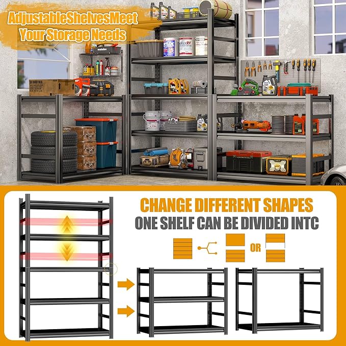 Garage Shelves,14-48''W Heavy-Duty Storage Shelves, Double-Layer Uprights, Thickened Shelves, Waterproof &Rustproof, Suitable for Indoor & Outdoor Use. (BLACK, 5TIER 45''W*16''D*72''H, 5-TIER)