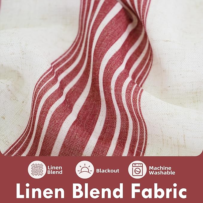 DriftAway Farmhouse Vertical Striped Linen Blend Textured Light Filtering Semi Sheer Curtains for Living Room Bedroom 96 Inches Long Drapes 2 Panels Broad Striped Red