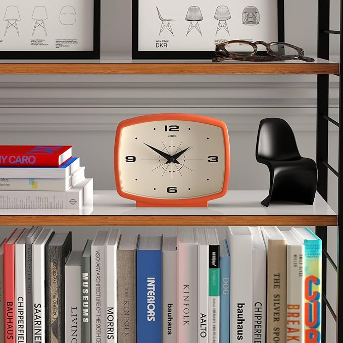 JONES CLOCKS® Film Desk Clock | Retro Rectangular Design | Orange | Retro Design, Blending mid Century Style with a Punchy Modern Finish for Shelf, Table, Mantel or Bedside