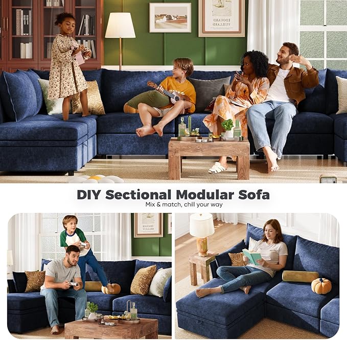 ABCASA 102.6" Luxury Modular Sleeper Sofa Bed 6 Seat Reversible Sectional Couch Deep Seat with Storage Chaises Removable Cover for Living Room, Apartment - Chenille Blue