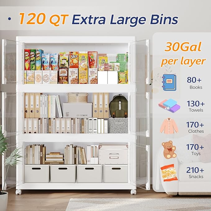 120GAL Large Stackable Storage Bins with Lid and Wheels, 480Qt Collapsible Organizer Cabinet with Clear Door, for Closet, Bedroom, Kitchen, Garage, 4-Pack White