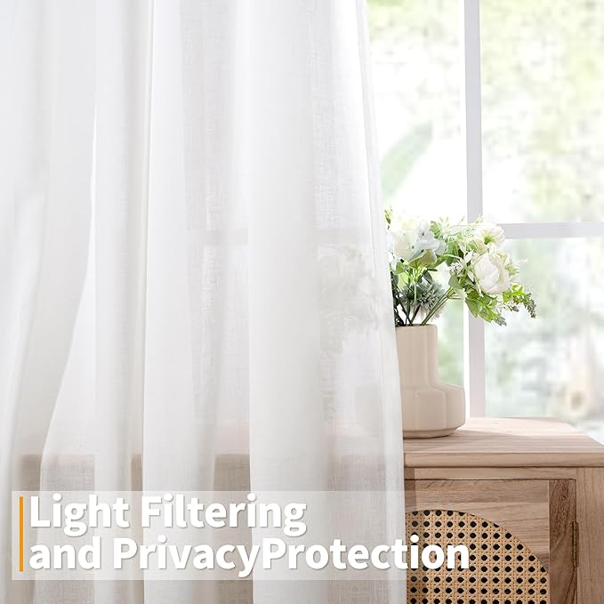 YoungsTex Short Linen Sheer Curtains 54 Inch Length for Window Length Light Filtering White Textured Drapes for Bedroom Kitchen Bathroom Lightweight Grommet, 2 Panels, 52 X 54 Inch