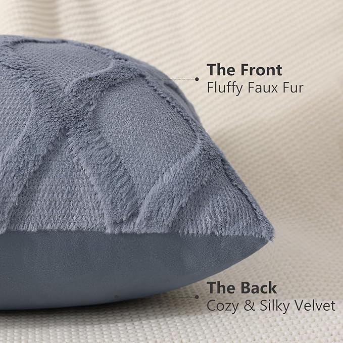 decorUhome Spring Throw Pillow Covers 12x20 Inch Set of 2, Soft Plush Faux Fur Wool Lumbar Blue Grey Couch Pillow Covers, Decorative Neutral Pillow Cases for Bed Sofa Living Room Home Decor