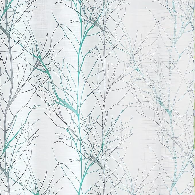 FMFUNCTEX Linen Semi Sheer Curtains for Bedroom, Auqa Blue White Curtains 63 Inches Long for Living Room, Grey Tree Branch Patterned Curtain Light Filtering Window Drapes, Grommet Top 2 Panels