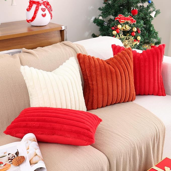 Pallene Faux Fur Plush Christmas Throw Pillow Covers 22x22 Set of 2, Luxury Soft Fluffy Striped Decorative Pillow Covers for Sofa, Couch, Living Room, Red