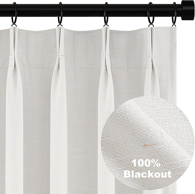 Topfinel Pinch Pleat Full Blackout Curtains & Drapes 84 Inch Length 2 Panels Set, Flax Linen Room Darkening Soundproof Curtains with Hooks Rings for Bedroom Living Room Track System, Beige Ivory Birch