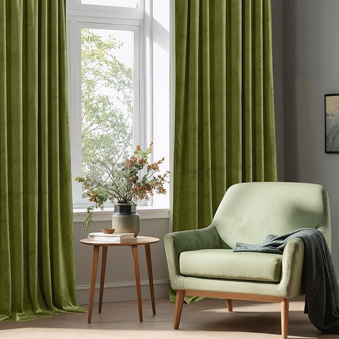 StangH Olive Green Velvet Curtains for Living Room Elegant Thermal Insulated Drapes for Home & Office, Heavy Soft Curtains with Noise Reduction, W52 x L105, 2 Panels