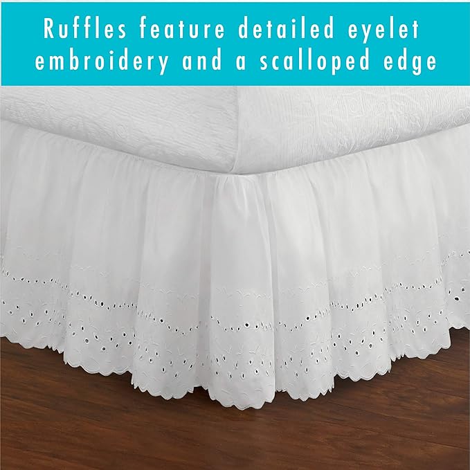 Fresh Ideas Eyelet Bed Skirt, Ruffled Design, 18 Inch Drop, Embroidered Scalloped Edge, Queen, White