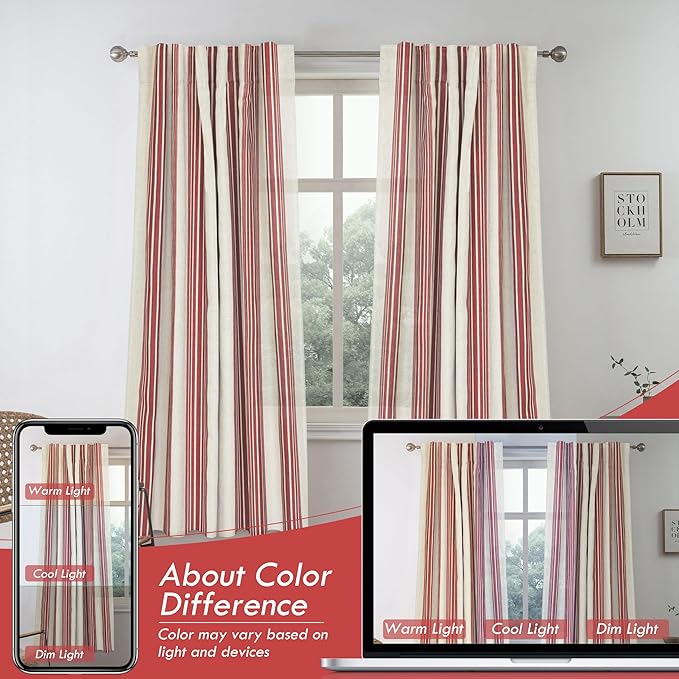 DriftAway Farmhouse Vertical Striped Linen Blend Textured Light Filtering Semi Sheer Curtains for Living Room Bedroom 63 Inches Long Drapes 2 Panels Broad Striped Linen Red