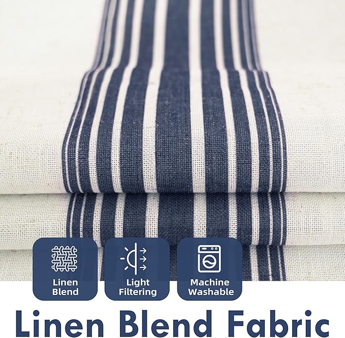 DriftAway Farmhouse Vertical Striped Linen Blend Textured Light Filtering Semi Sheer Curtains for Living Room Bedroom 120 Inches Long Drapes 2 Panels Broad Striped Dark Navy