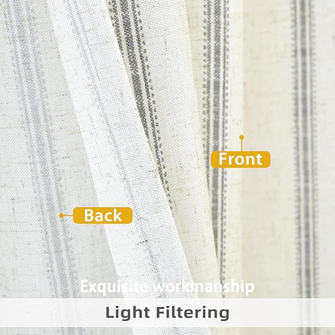 DriftAway Farmhouse Vertical Striped Linen Blend Textured Light Filtering Semi Sheer Curtains for Living Room Bedroom 84 Inches Long Drapes 2 Panels