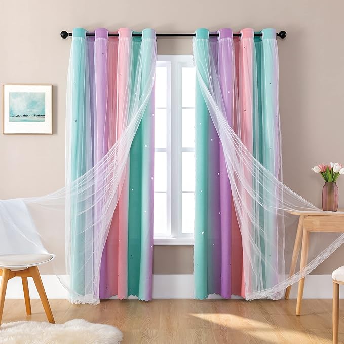 Blackout Curtains for Girls Room, Kids Bedroom 62 Inch Pink Rainbow Unicorn 1 Panels, Blackout Lining Window Wall Decor with Tie Backs