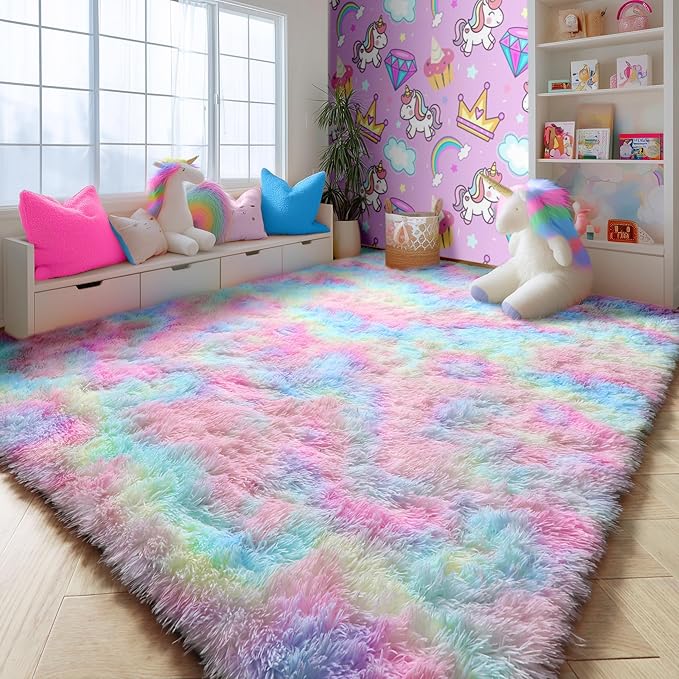 PAGISOFE 8x10 Rainbow Large Area Rug,Plush Rugs for Bedroom Girls,Shaggy Carpet for Kids Room,Fuzzy Nursery Rug for Baby's Toddler's Room,Clorful Room Decor for Teenage Pastel Princess Rug