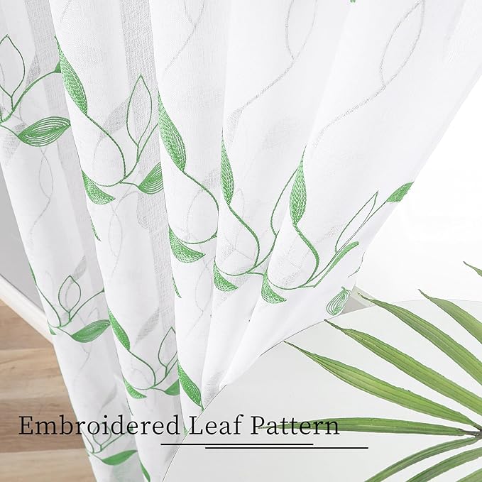 Tollpiz Green Leaf Sheer Curtain Leaves Embroidered Bedroom Short Curtains Rod Pocket Voile Window Treatments for Living Room, 38 x 45 inches Long, Set of 2 Panels