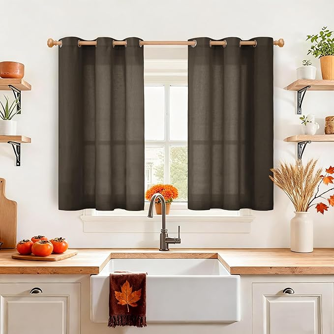 YoungsTex Short Brown Linen Curtains 40 Inch Length for Kitchen Cafe Window, Light Filtering Drapes Semi Sheer with Grommet for Cafe Bathroom Window, 2 Panels, 42 X 40 Inch