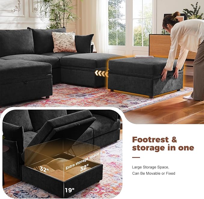 ABCASA 136.4" Oversized Modular Sectional Sleeper Sofa Bed, U Shaped Convertible Couch with Movable Ottoman, Large 8 Seat Corner Couches for Living Room Deep Seat Black Chenille