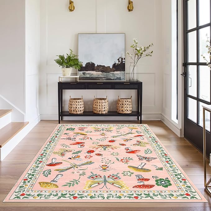 Mushroom Insect Washable Rug 5x7 Area Rugs for Bedroom Non Slip with Rubber Back Low Pile Stain Resistant Modern Butterfly Carpet for Living Room Nursery Kitchen Dining Room Light Pink