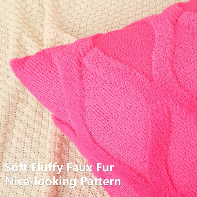 decorUhome Spring Euro Sham Throw Pillow Covers 24x24 Inch Set of 2, Soft Plush Faux Fur Wool Hot Pink Couch Pillow Covers, Decorative Neutral Pillow Cases for Bed Sofa Living Room Home Decor