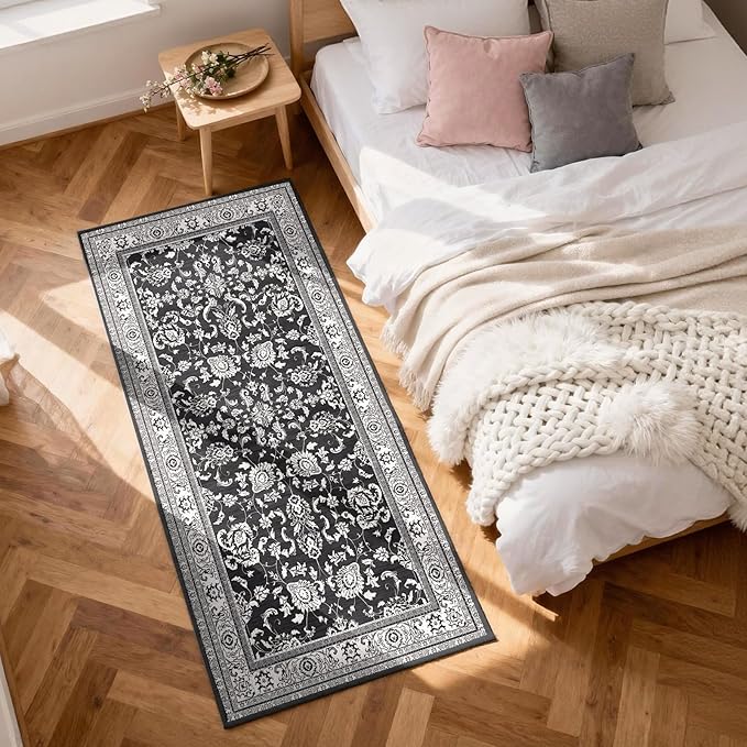 3x6 Washable Floral Runner Rug: Runners for Hallways Non Slip Indoor Rugs Low Pile Kitchen Runner Ultra Soft Vintage Rug Floor Carpet for Bedroom Living Room Dining Bathroom Black White