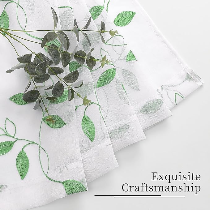 Tollpiz Green Leaf Sheer Curtains Leaves Embroidered Bedroom Short Curtain Rod Pocket Voile Window Treatment for Living Room, 38 x 54 inches Long, Set of 2 Panels