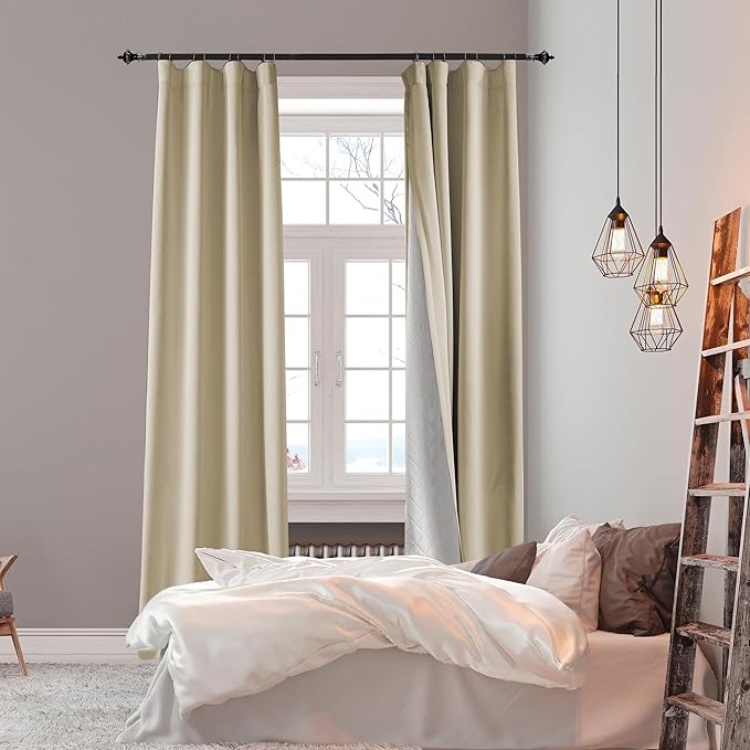 100% Blackout Thermal Insulated Curtains, 3 Layers Noise Absorbing, Soundproof Back Tab Drapes for Sliding Glass Door Baby Nursery Bedroom with Hooks, Beige 50x84 Inch Set of 1