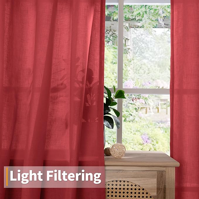 YoungsTex Red Linen Curtains 63 Inch Length for Living Room, Light Filtering Window Drapes with Grommet Semi Sheer Privacy Christmas Decor for Dining Bedroom, 2 Panels, 52 X 63 Inch