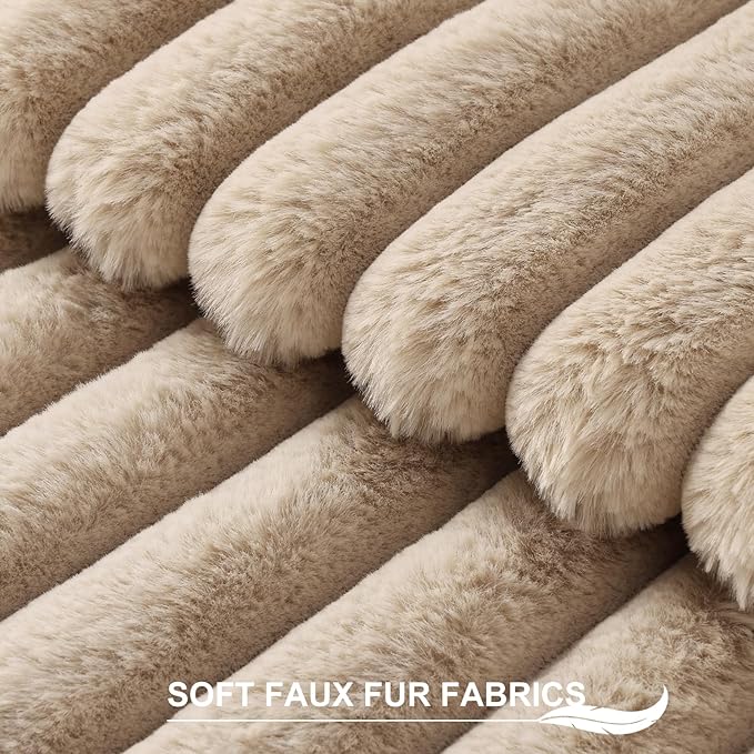 Pallene Faux Fur Plush Throw Pillow Covers 22x22 Set of 2, Luxury Soft Fluffy Striped Decorative Pillow Covers for Sofa, Couch, Living Room, Khaki