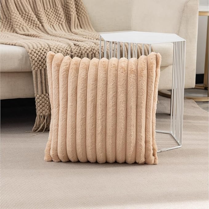 ZLINA Set of 2 Apricot Faux Fur Decorative Throw Pillow Covers Fluffy Striped Pillowcase Cushion Covers 24 x 24 Inch Decor Sofa Couch Bedroom