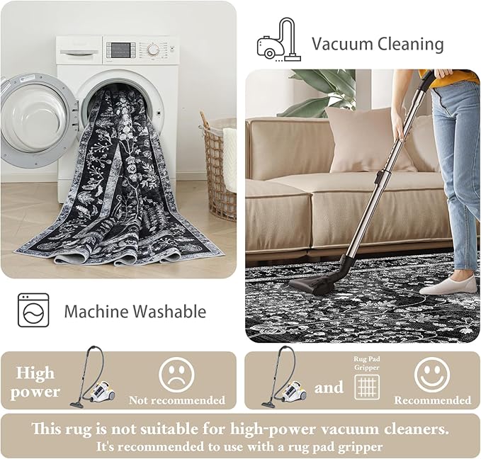 3x12 Long Hallway Runner Rug: Kitchen Rugs Non Slip Washable Low Pile Vintage Floral Runner with Rubber Backing Indoor Stain Resistant Carpet Runner for Bedroom Dining Living Room Black White