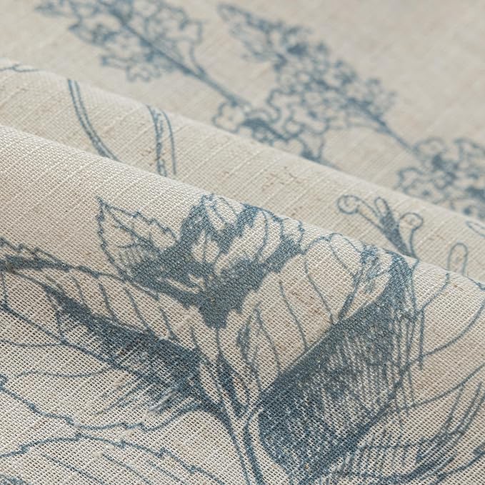 FMFUNCTEX Linen Curtains Floral Patterned Curtain for Bedroom Living Room, Blue Curtains 63 Inch Length Farmhouse, Light Filtering Beige Window Curtain Grommet Top 2 Panels Set