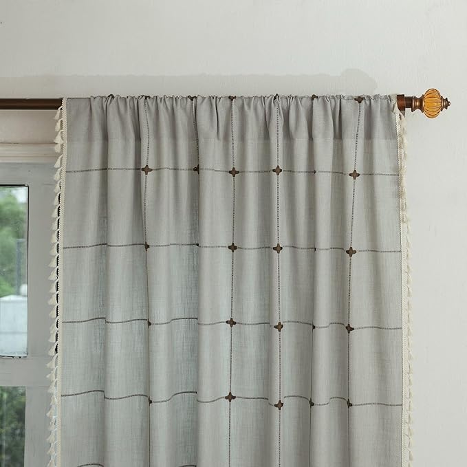 Sutuo Home Boho Curtain for Bedroom 84 Inch Length, Linen Light Filtering Country Farmhouse Vintage Chic Tassels Window Treatment Bohemian Drape for Decor 1 Panel 52" W x 84" L, Cream Grey Plaids