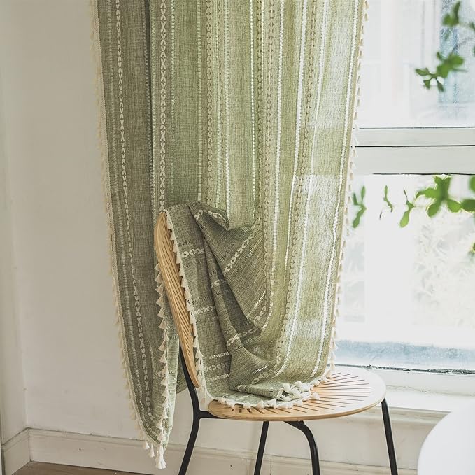 Sutuo Home Boho Curtains for Bedroom Living Room 108 Inches Long, Light Filtering French Country Farmhouse Vintage Chic Tassels Hollow Window Treatment Bohemian Drape, 1 Panel 52" W x 108" L, Green
