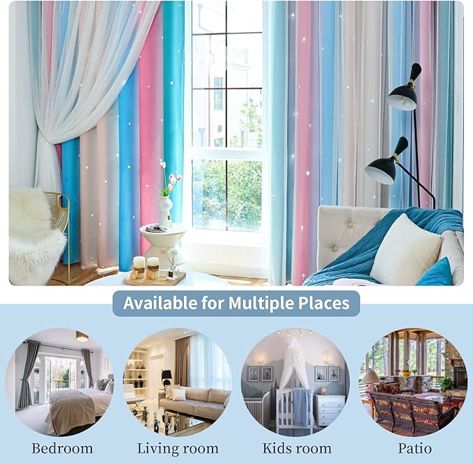 Star Blackout Curtains for Bedroom - Rainbow, 96 Inches Long, 2 Panels, Beige & Blue & Pink