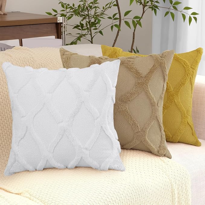 decorUhome Spring Euro Sham Throw Pillow Covers 22x22 Inch Set of 2, Soft Plush Faux Fur Wool Khaki Couch Pillow Covers, Decorative Neutral Pillow Cases for Bed Sofa Living Room Home Decor