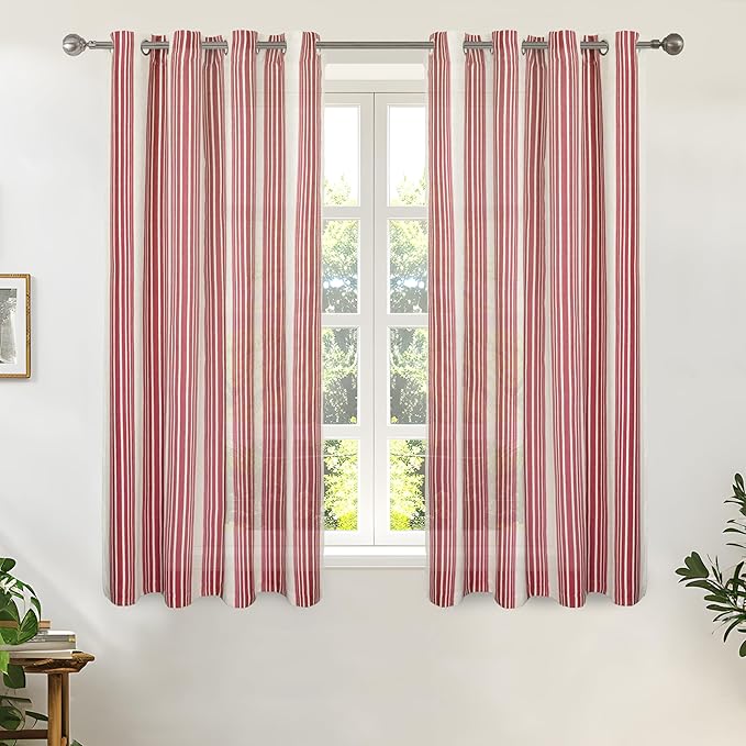 DriftAway Farmhouse Vertical Striped Linen Blend Textured Light Filtering Semi Sheer Curtains for Living Room Bedroom 54 Inches Long Drapes 2 Panels Broad Striped Red