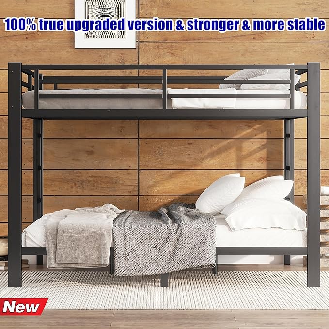 Higher Quality & Stronger Heavy Duty Metal Bunk Bed Frame Queen Over Queen Size for Adults Teens, Thickened More Stable Steel Bunkbed (Queen Over Queen-A)