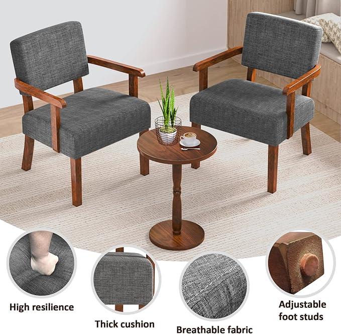 Accent Chair Set of 2 with Table, Living Room Chairs with Soft Seat and Armrests for Living Room Bedroom Reading Room Waiting Room, Grey (AC01)